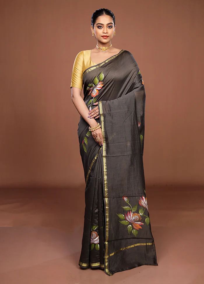 Black Chanderi Silk Saree With Blouse Piece - Image 2