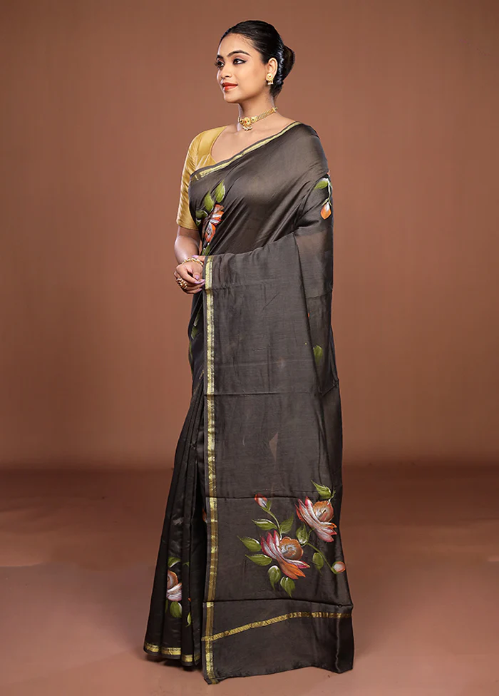Black Chanderi Silk Saree With Blouse Piece - Image 4