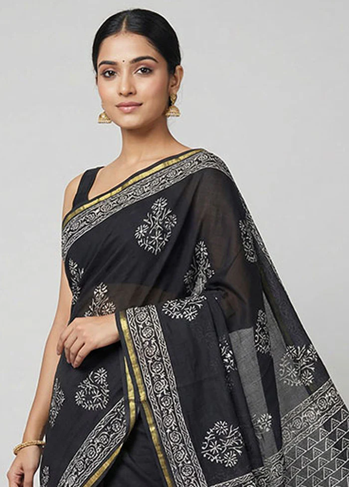 Black Chanderi Silk Saree With Blouse Piece - Image 2