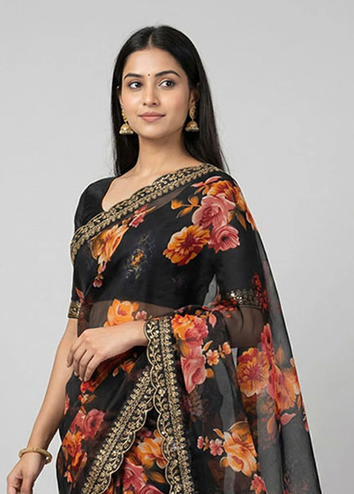 Black Chiffon Silk Saree With Blouse Piece - Image 2