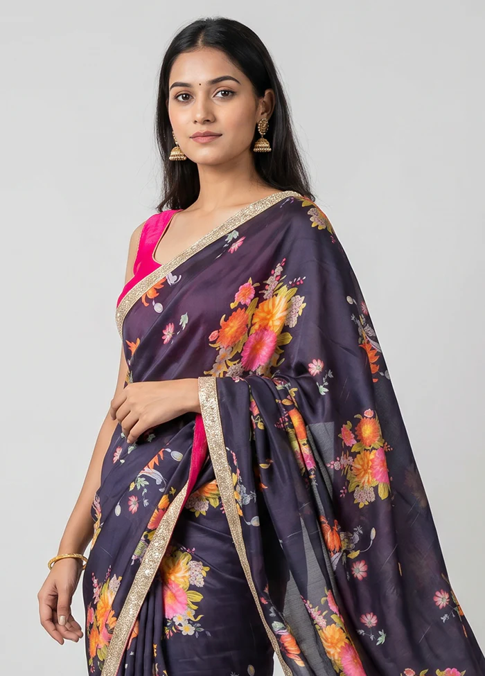 Black Chiffon Silk Saree With Blouse Piece - Image 2