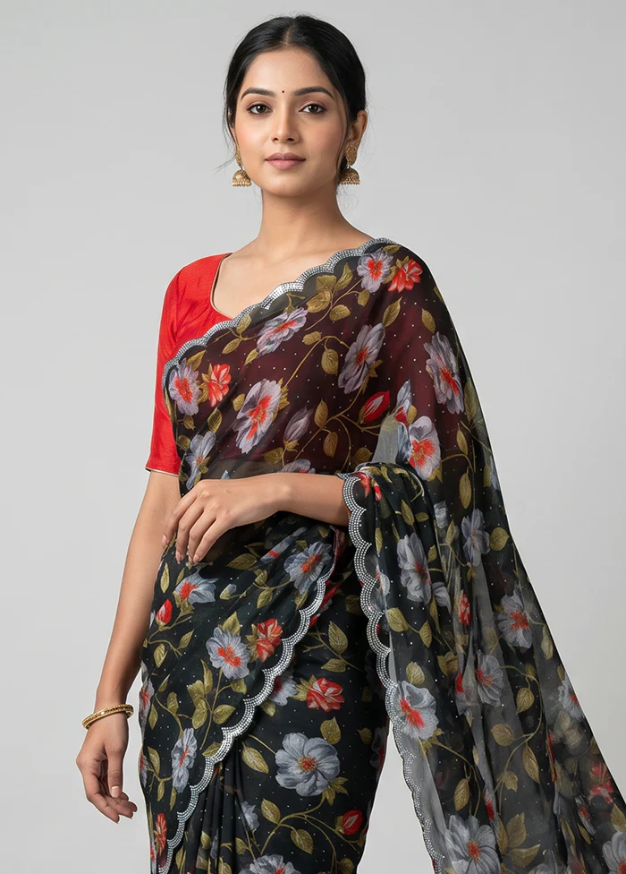 Black Chiffon Silk Saree With Blouse Piece - Image 2