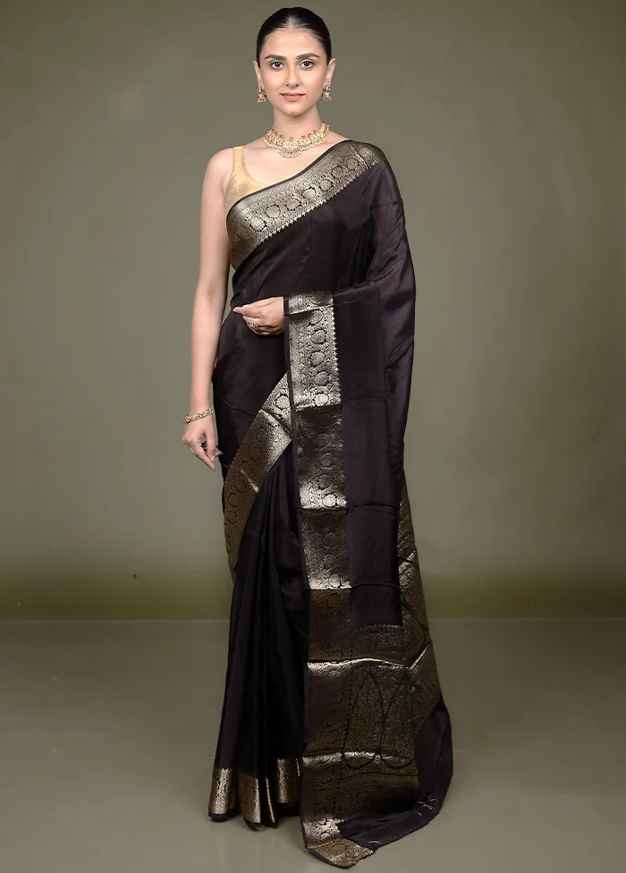 Black Chiffon Silk Saree With Blouse Piece - Image 2