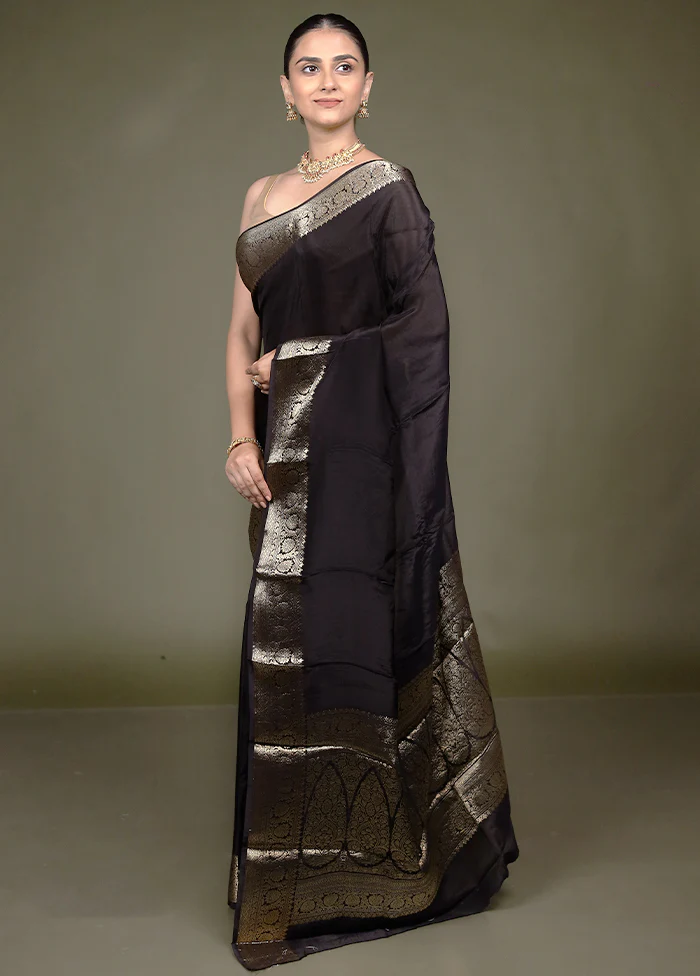 Black Chiffon Silk Saree With Blouse Piece - Image 4