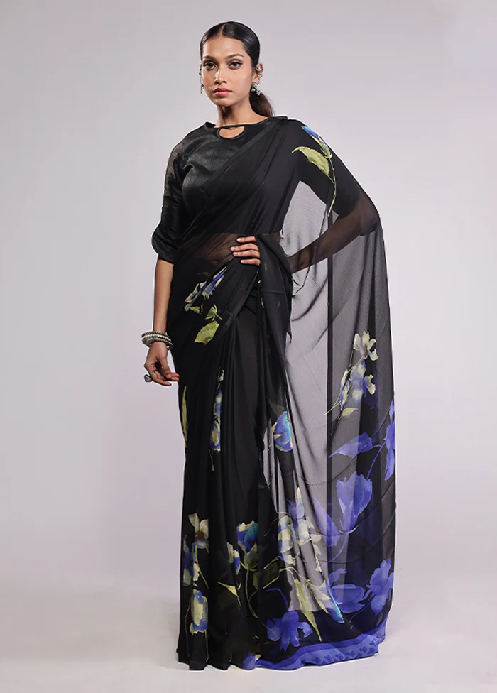 Black Chiffon Silk Saree With Blouse Piece - Image 2