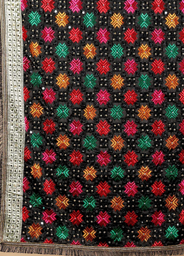 Black Chinon Phulkari Work Dupatta - Image 3