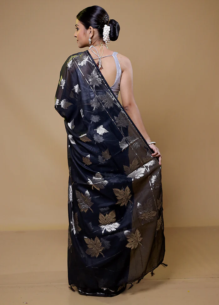 Black Cotton Saree With Blouse Piece - Image 3