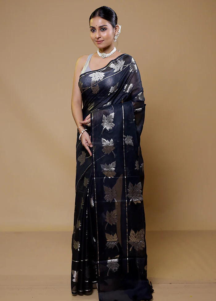 Black Cotton Saree With Blouse Piece - Image 4