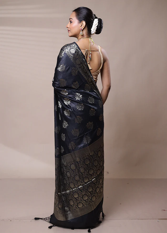 Black Cotton Saree With Blouse Piece - Image 3