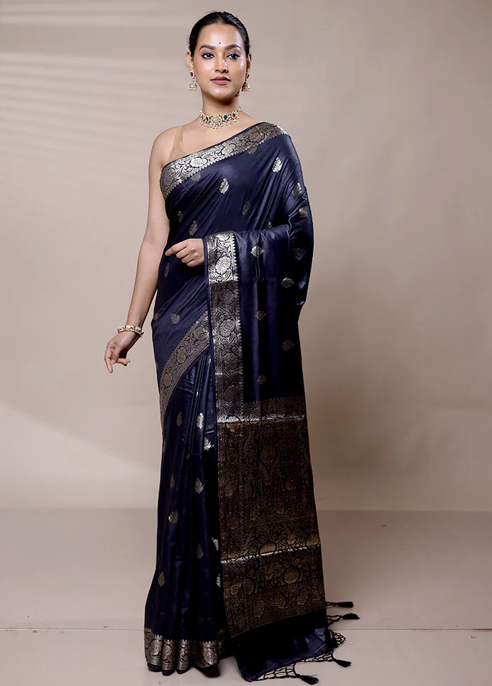 Black Cotton Saree With Blouse Piece - Image 2