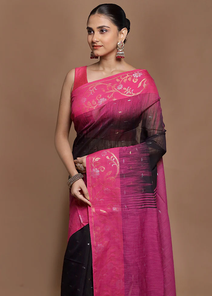 Black Cotton Saree With Blouse Piece - Image 2