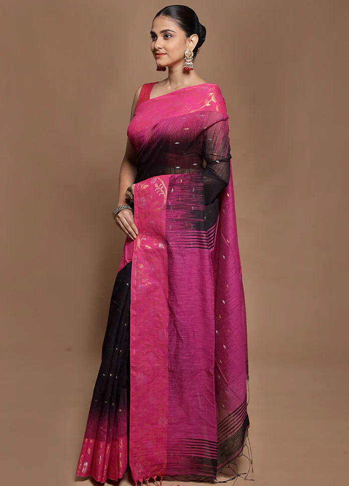Black Cotton Saree With Blouse Piece - Image 4