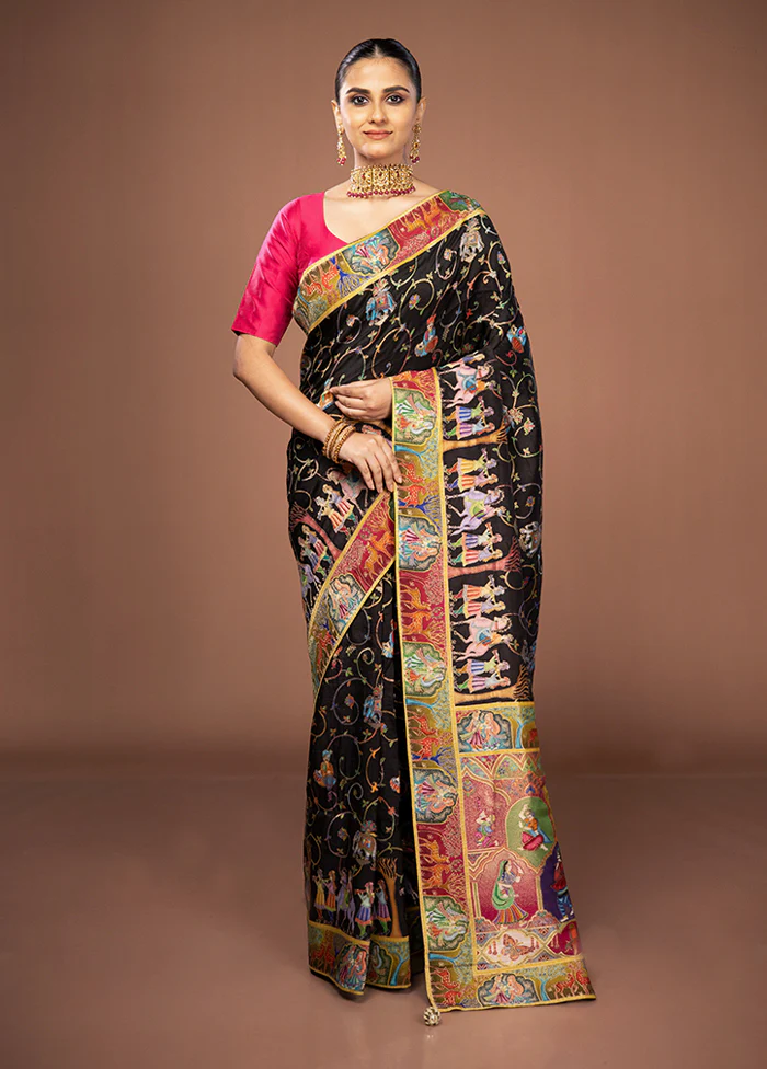 Black Dupion Pure Silk Saree With Blouse Piece - Image 2