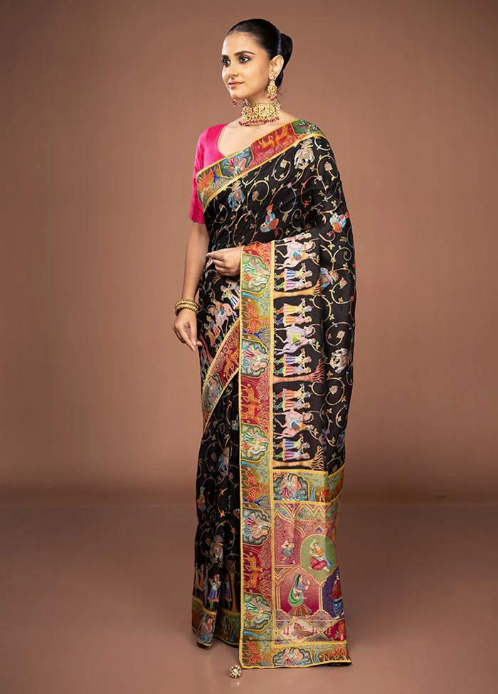 Black Dupion Pure Silk Saree With Blouse Piece - Image 4