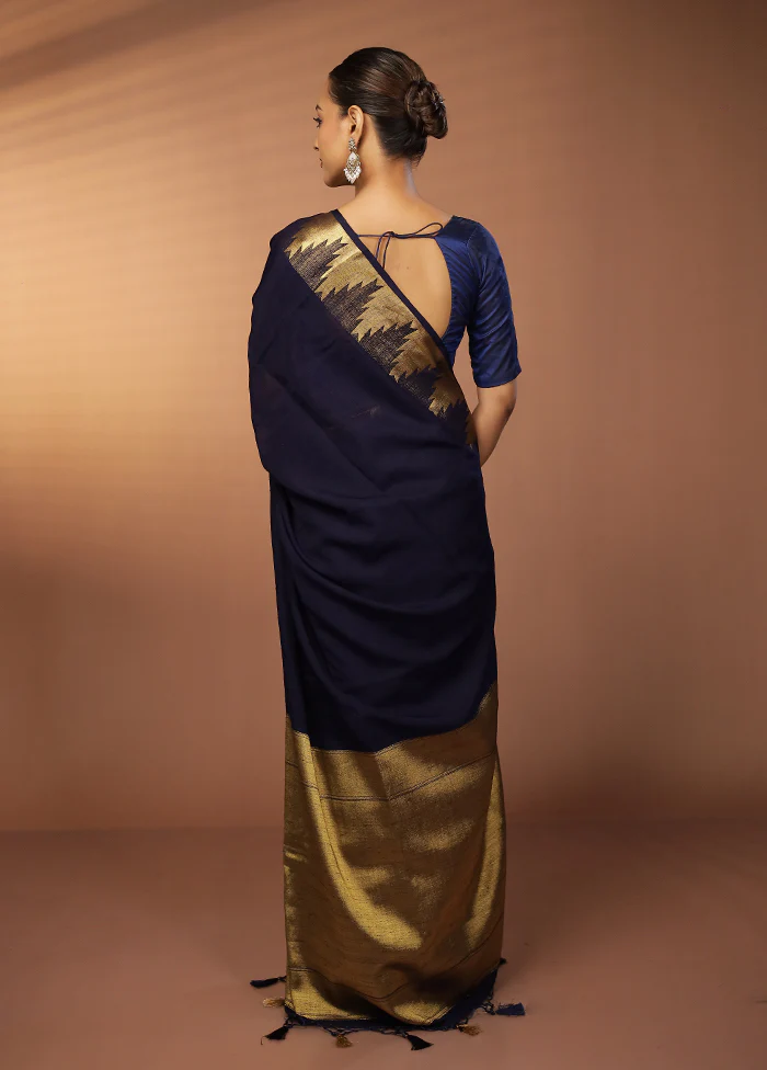 Blue Dupion Silk Saree With Blouse Piece - Image 3