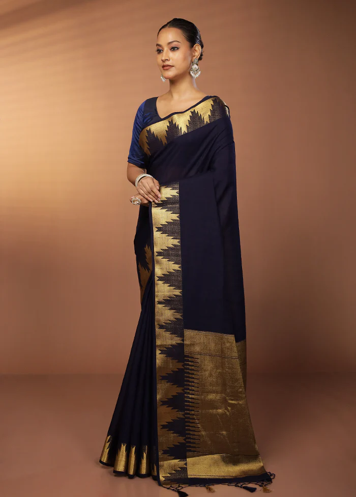 Blue Dupion Silk Saree With Blouse Piece - Image 4