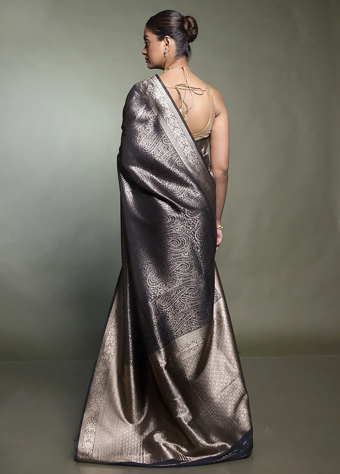 Black Dupion Silk Saree With Blouse Piece - Image 3