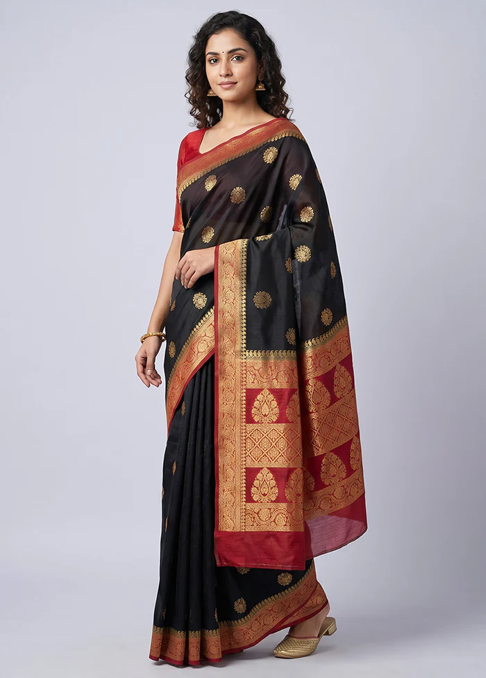 Black Dupion Silk Saree With Blouse Piece