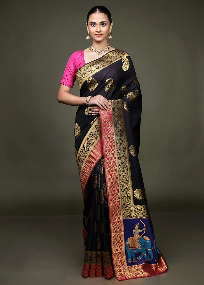 Black Dupion Silk Saree With Blouse Piece - Image 2