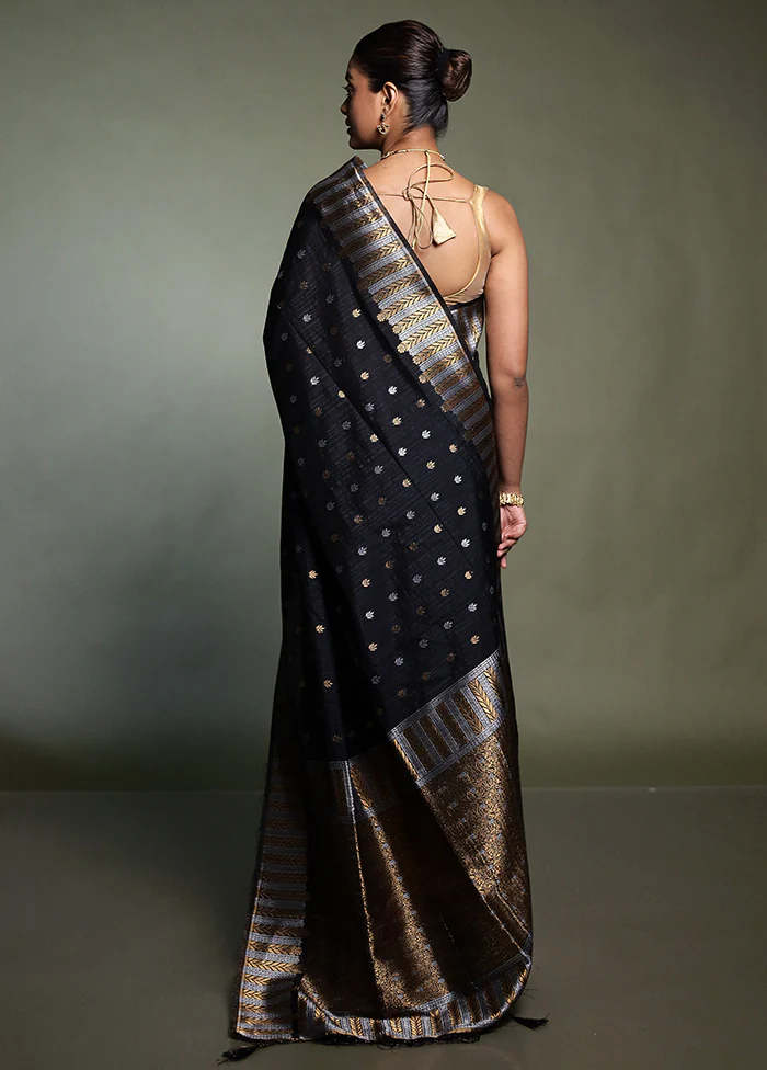 Black Dupion Silk Saree With Blouse Piece - Image 3