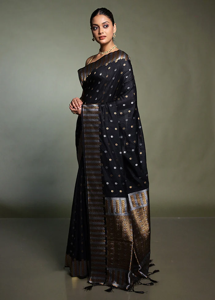 Black Dupion Silk Saree With Blouse Piece - Image 4
