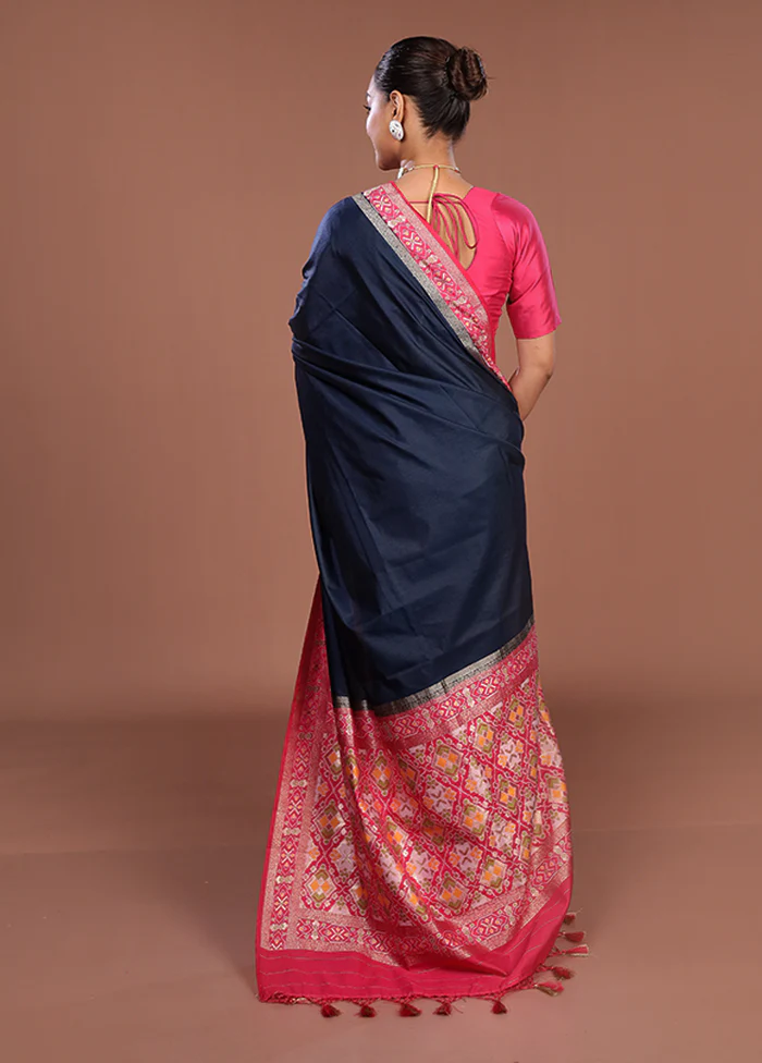 Blue Dupion Silk Saree With Blouse Piece - Image 3