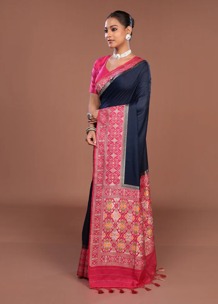 Blue Dupion Silk Saree With Blouse Piece - Image 4