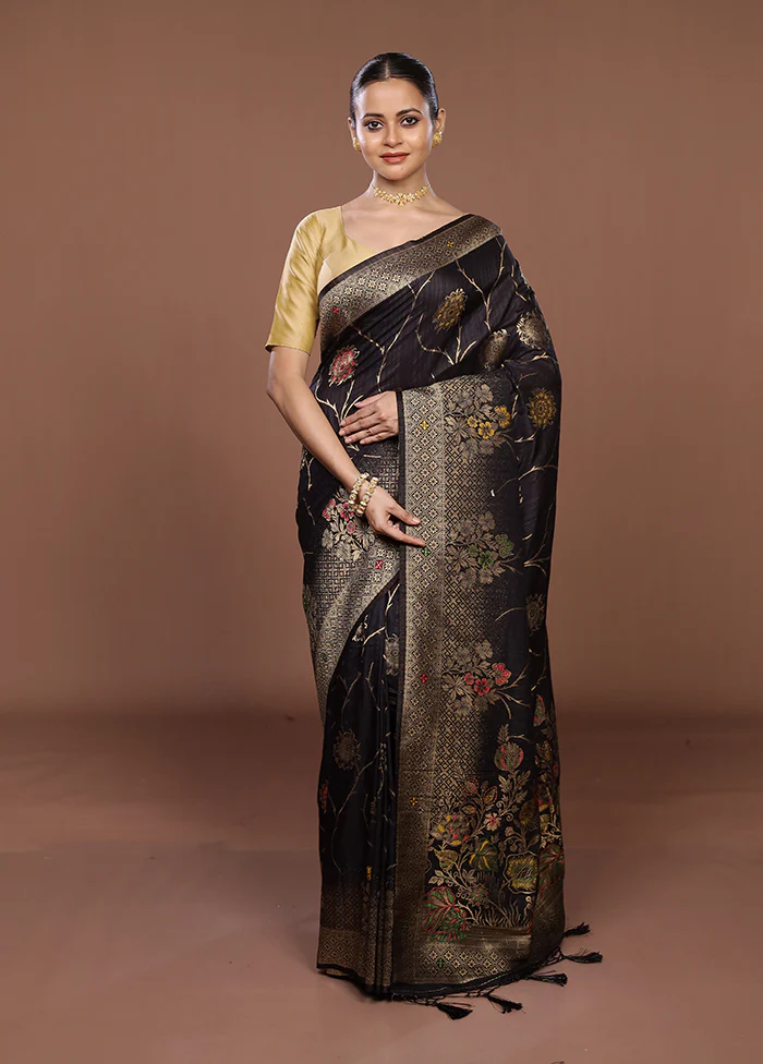 Black Dupion Silk Saree With Blouse Piece - Image 2