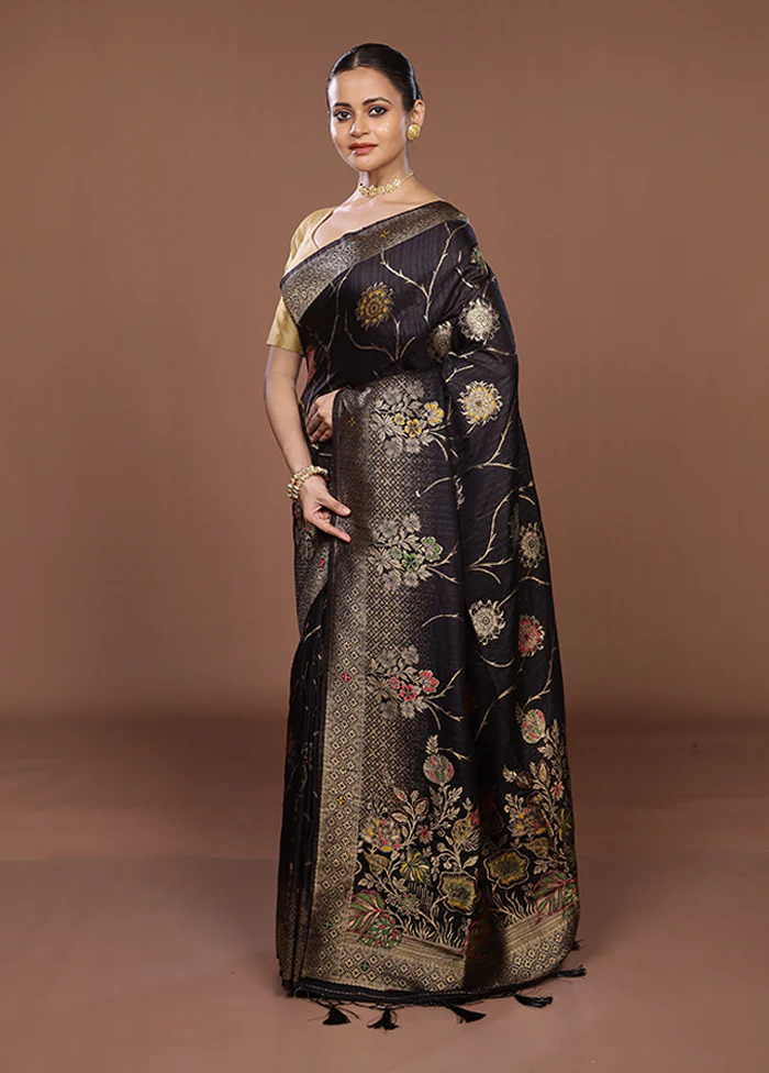 Black Dupion Silk Saree With Blouse Piece - Image 4