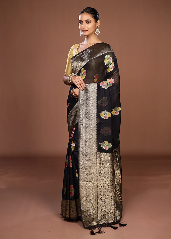 Black Dupion Silk Saree With Blouse Piece - Image 4
