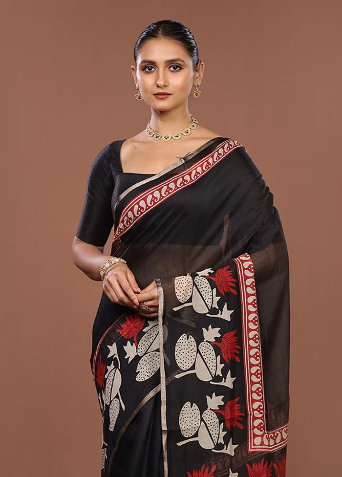 Black Dupion Silk Saree With Blouse Piece