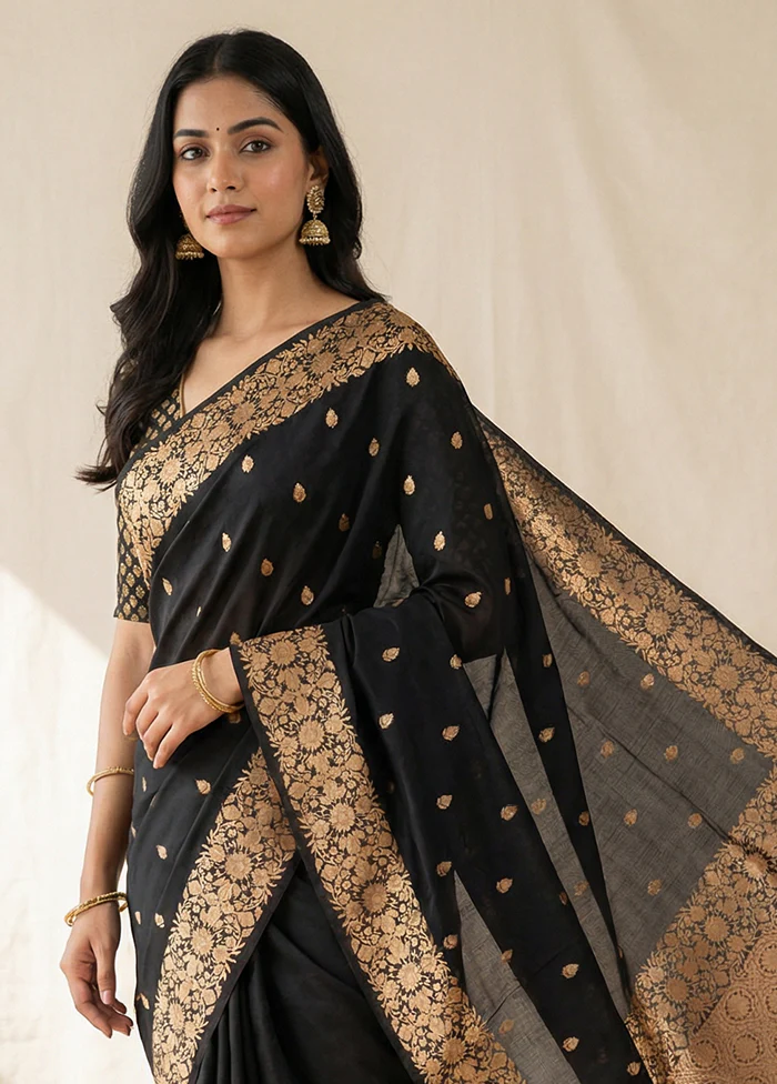 Black Dupion Silk Saree With Blouse Piece - Image 2