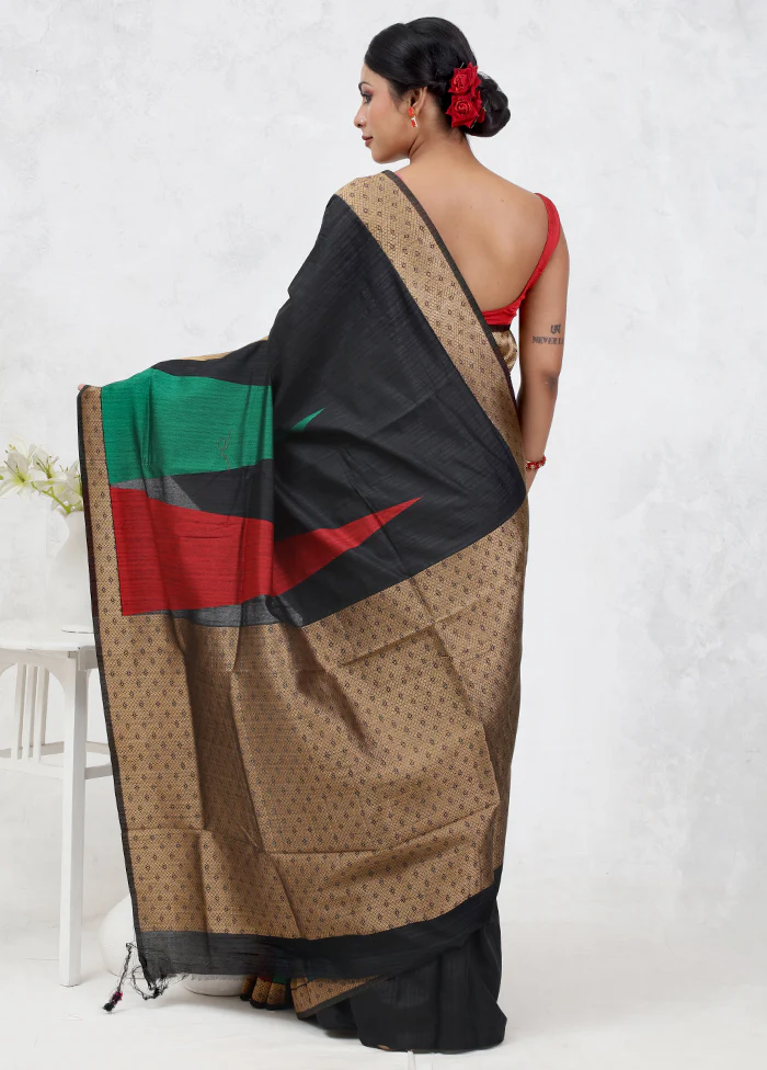 Black Dupion Silk Saree With Blouse Piece - Image 3