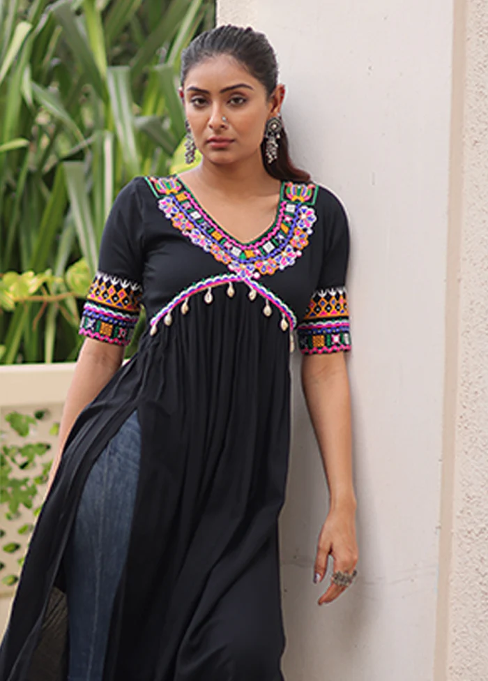 Black Embroidery Work Silk Kurti - Image 2