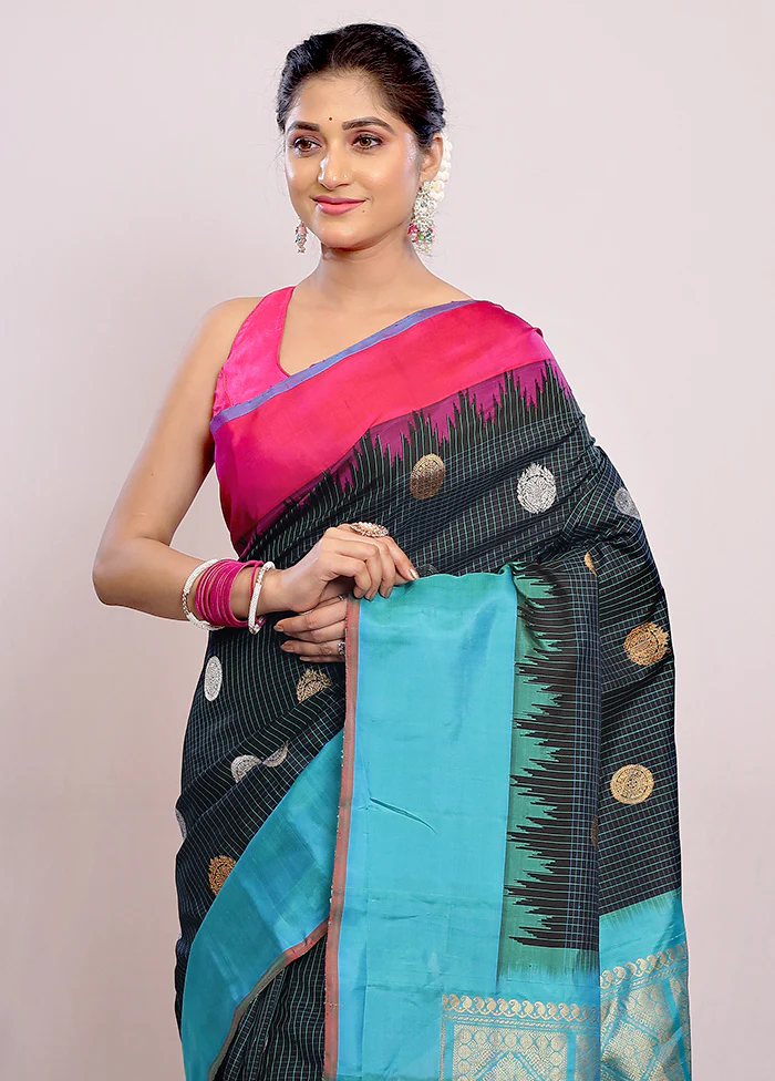 Black Gadwal Pure Silk Saree Without Blouse Piece