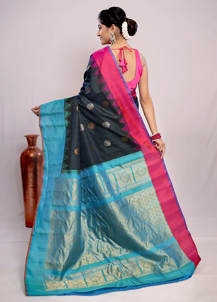 Black Gadwal Pure Silk Saree Without Blouse Piece - Image 4