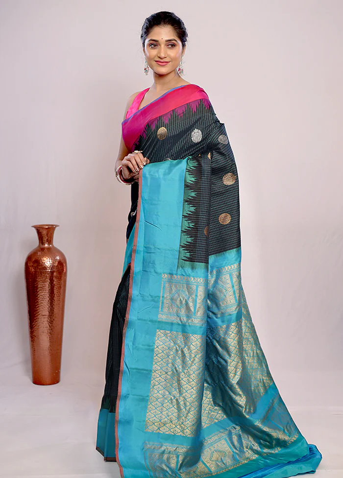 Black Gadwal Pure Silk Saree Without Blouse Piece - Image 5