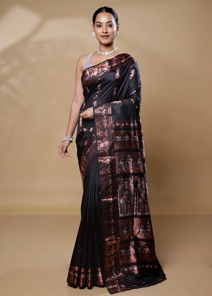 Black Handloom Baluchari Pure Silk Saree With Blouse Piece - Image 2