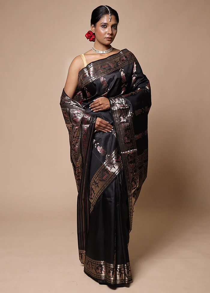 Black Handloom Baluchari Pure Silk Saree With Blouse Piece - Image 2