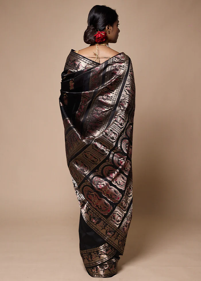 Black Handloom Baluchari Pure Silk Saree With Blouse Piece - Image 3