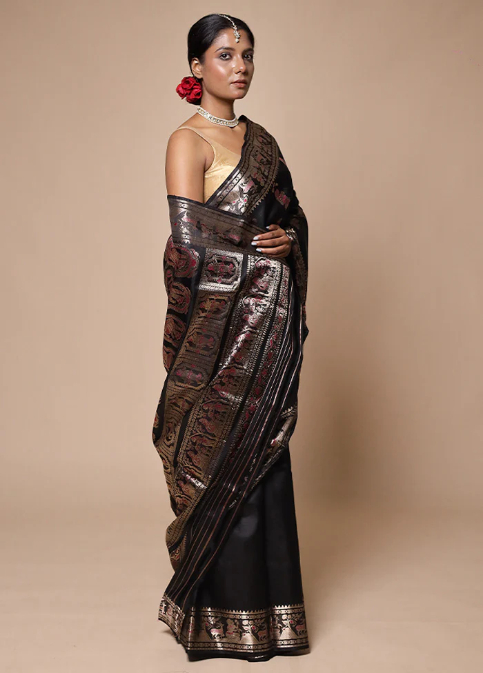 Black Handloom Baluchari Pure Silk Saree With Blouse Piece - Image 4