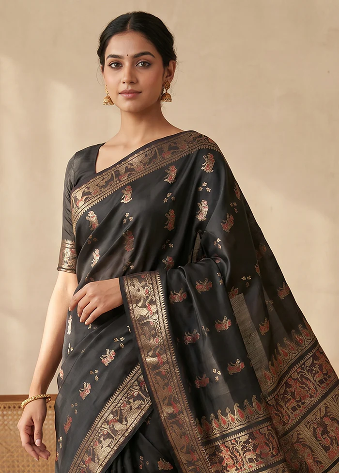 Black Handloom Baluchari Pure Silk Saree With Blouse Piece - Image 2