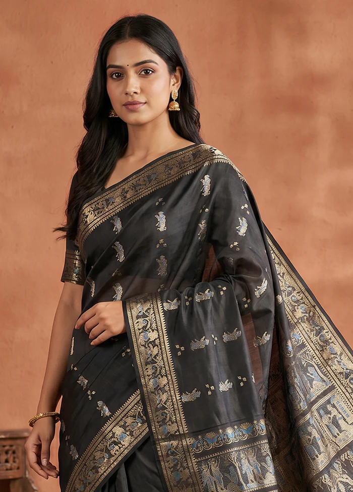 Black Handloom Baluchari Pure Silk Saree With Blouse Piece - Image 2