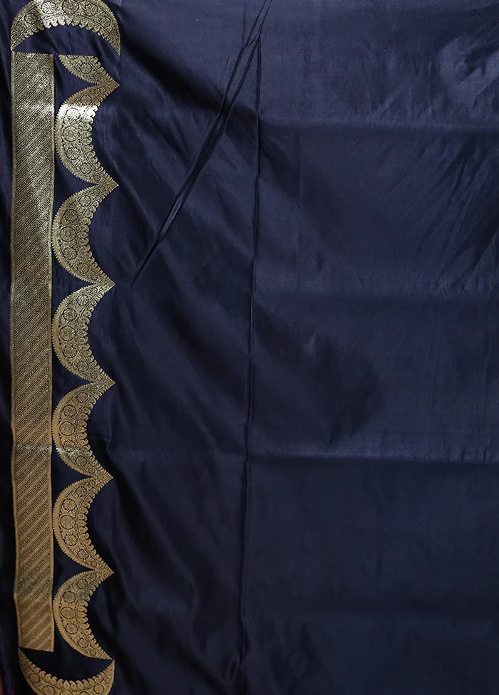 Navy Blue Handloom Banarasi Pure Silk Saree With Blouse Piece - Image 5