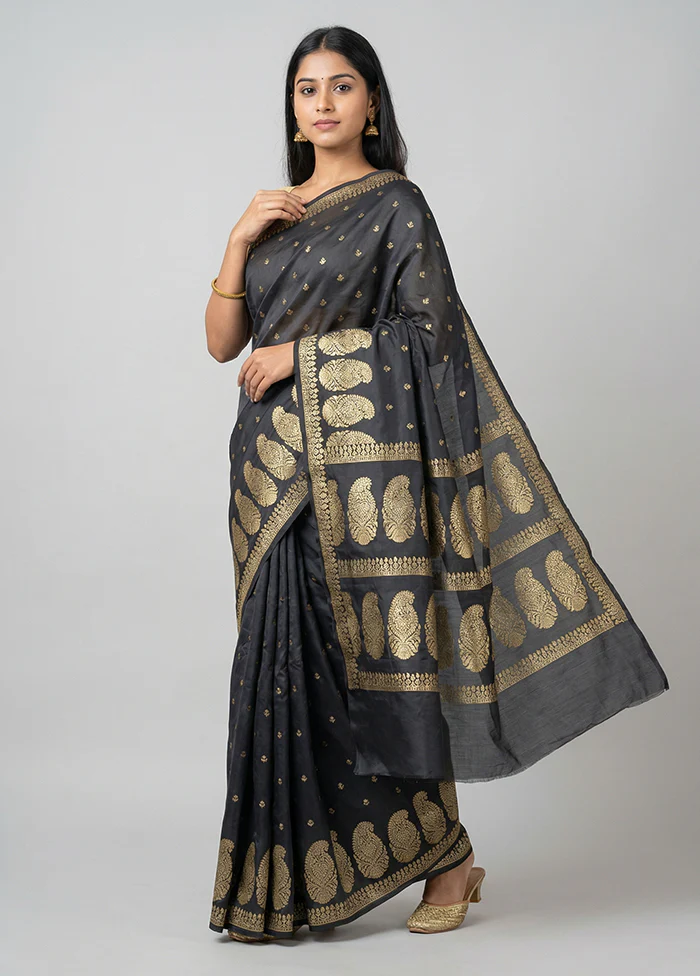 Black Handloom Banarasi Pure Silk Saree With Blouse Piece