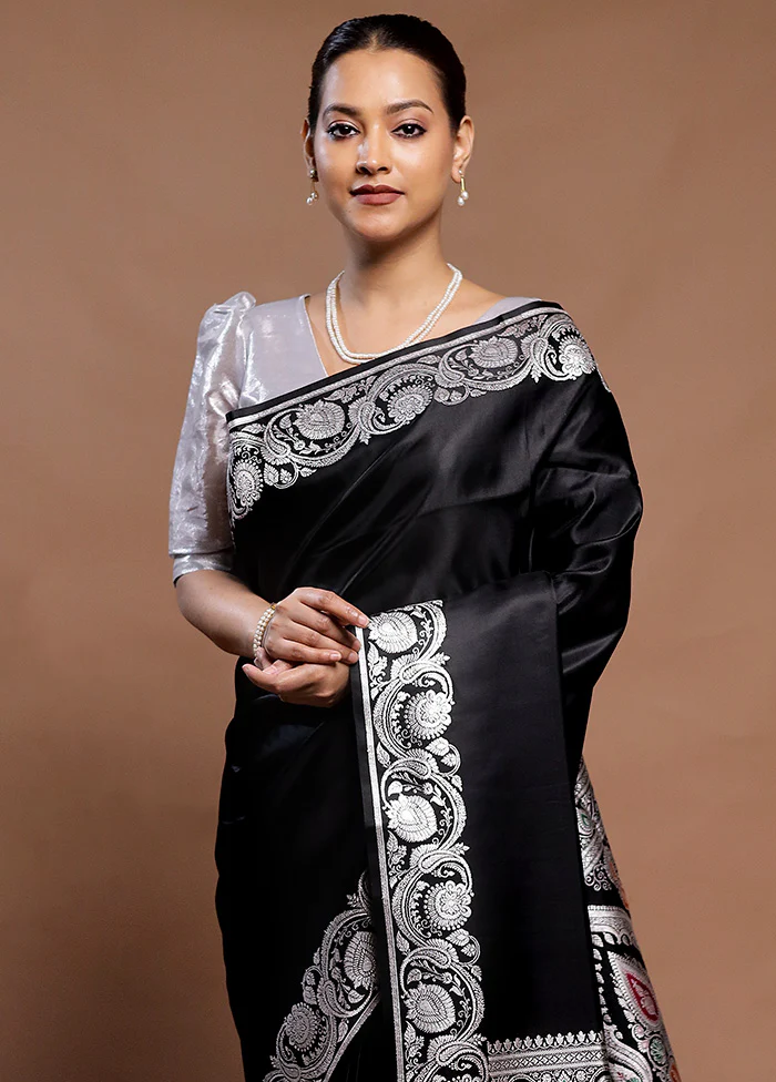 Black Handloom Banarasi Pure Silk Saree With Blouse Piece - Image 2