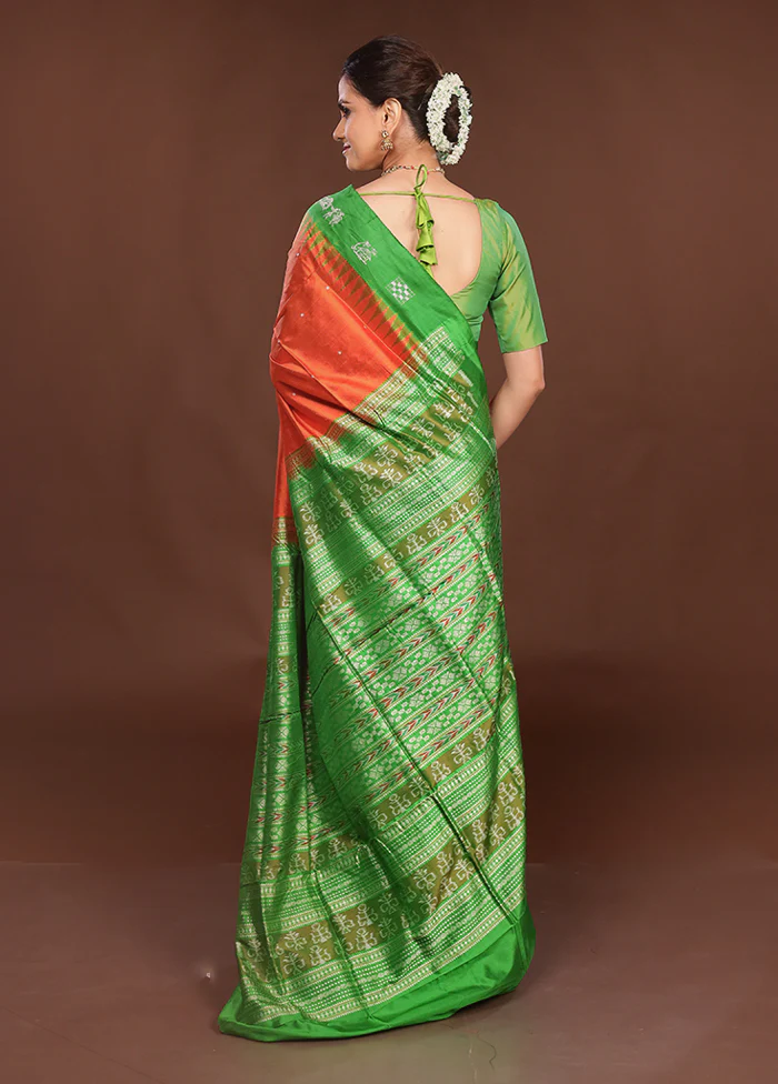 Orange Handloom Bomkai Pure Silk Saree With Blouse Piece - Image 3