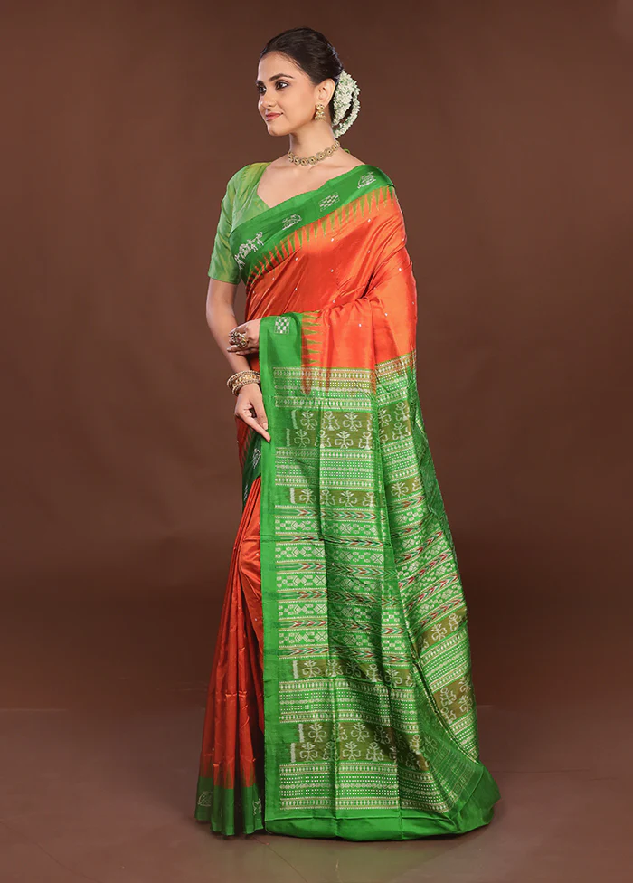 Orange Handloom Bomkai Pure Silk Saree With Blouse Piece - Image 4