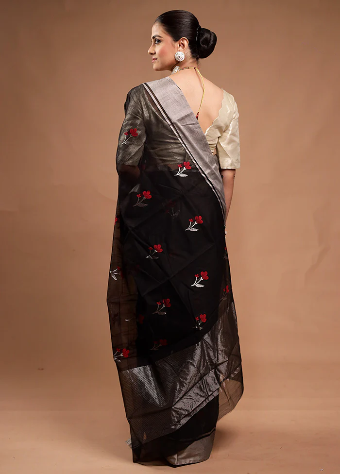 Black Handloom Chanderi Pure Cotton Saree With Blouse Piece - Image 3