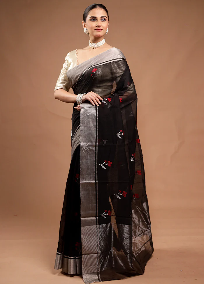 Black Handloom Chanderi Pure Cotton Saree With Blouse Piece - Image 4